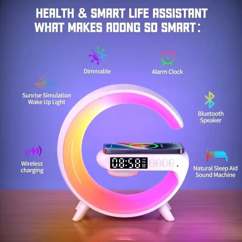 G-Shaped Smart LED Lamp – Wireless Charger + Bluetooth Speaker